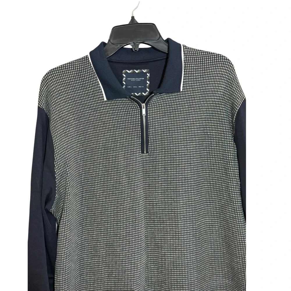 Denim & Flower Ricky Singh Men's Long Sleeve Zippered Polo Navy Patterned Large